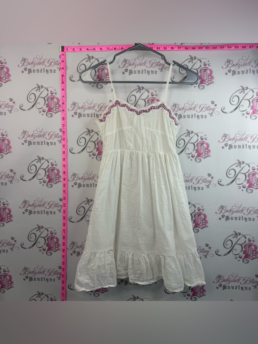 Roxy dress beaded cream White Sundress with Pink Embroidered Trim neon
